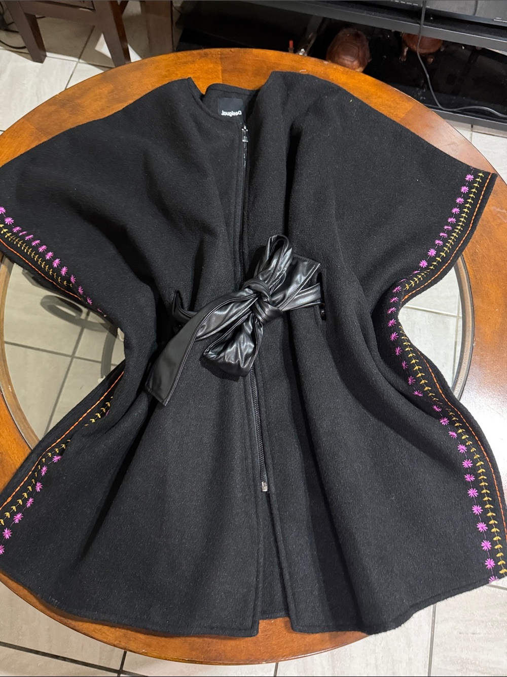 Desigual Black Cape Jacket with Floral Edge Embroidery